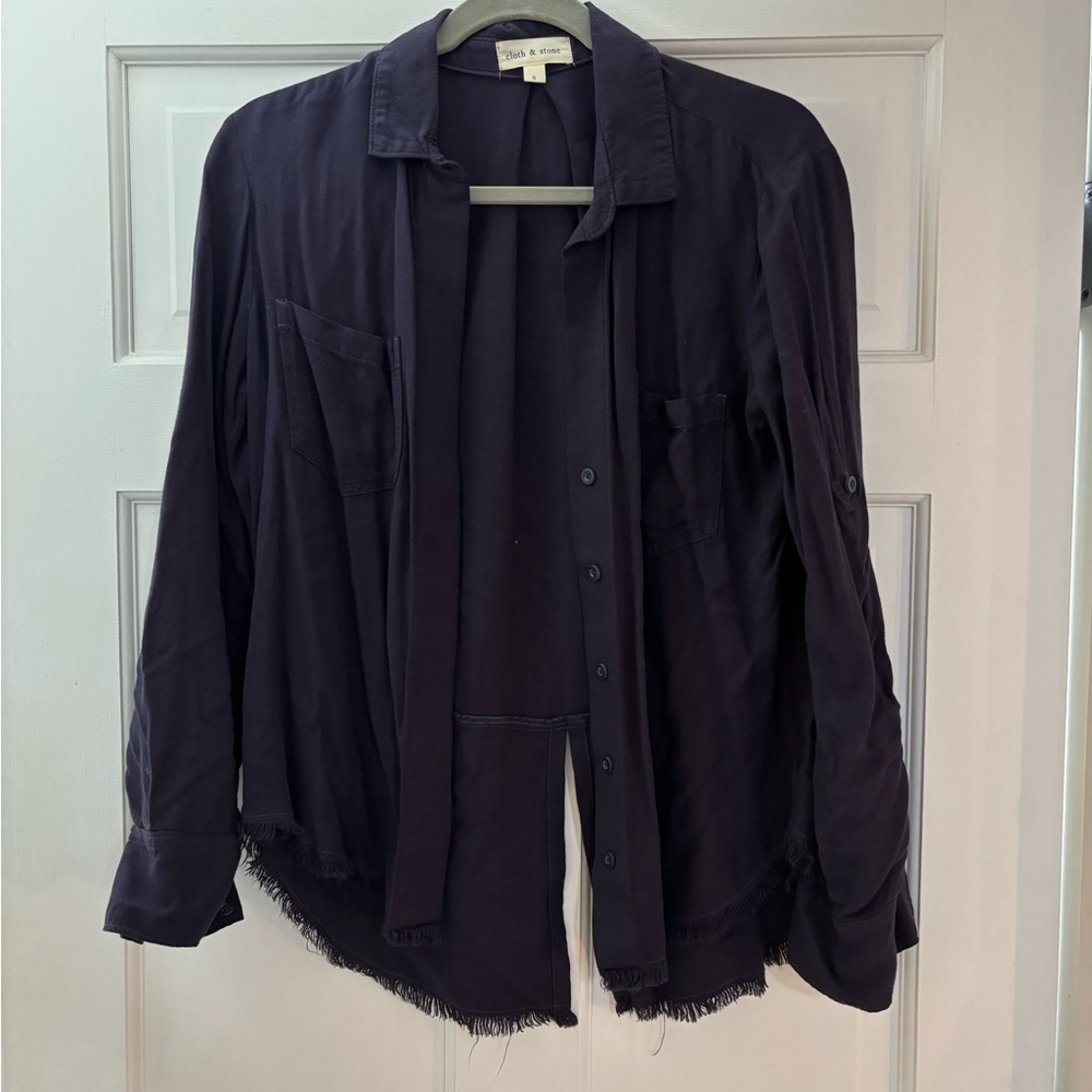 Cloth & Stone Navy Shirt with Frayed Hem